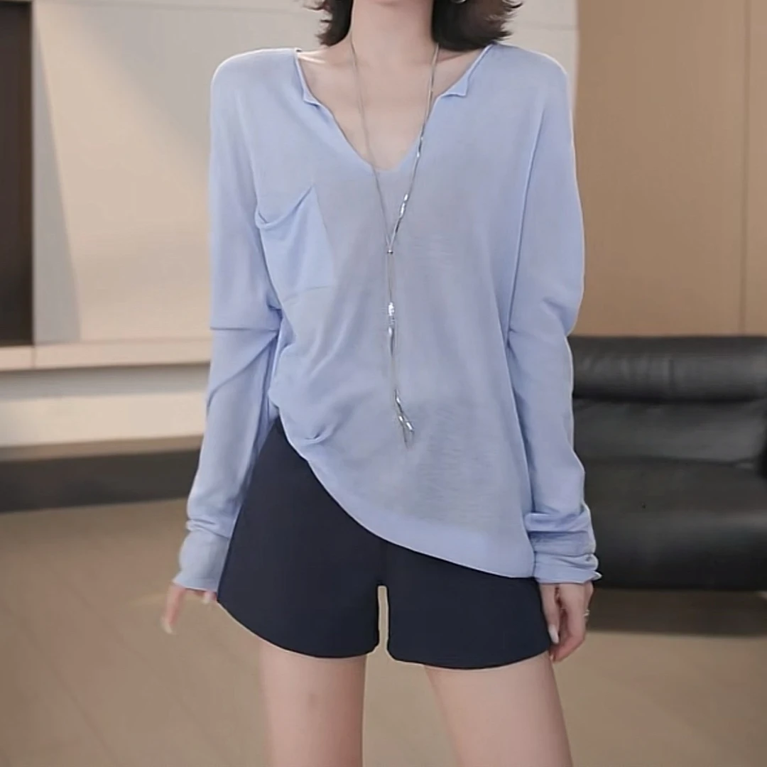针织V领防晒罩衫女长袖T恤2025夏季新款气质通勤休闲时尚百搭上衣
