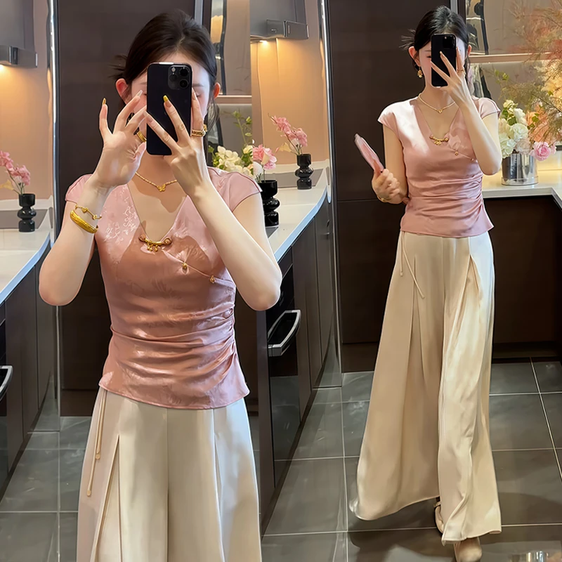 小个子提花时尚衬衫女2026年夏季新款高级感轻奢纯色v领旗袍上衣