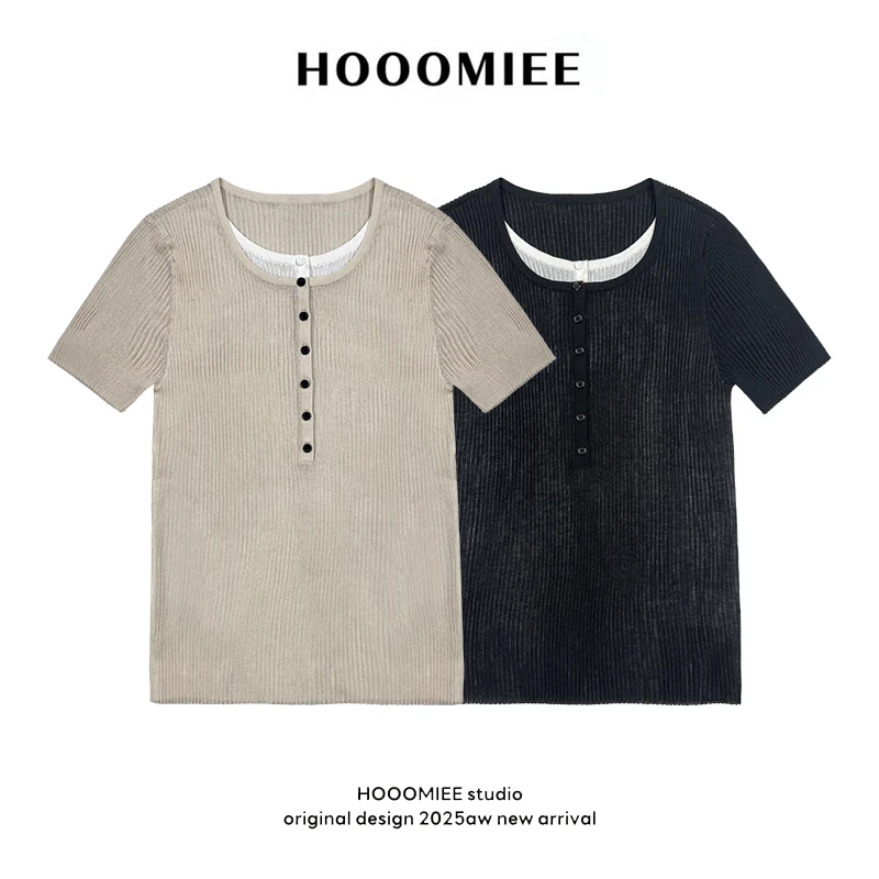 Hooomiee法式假两件套头针织衫修身半开襟短袖ML25043