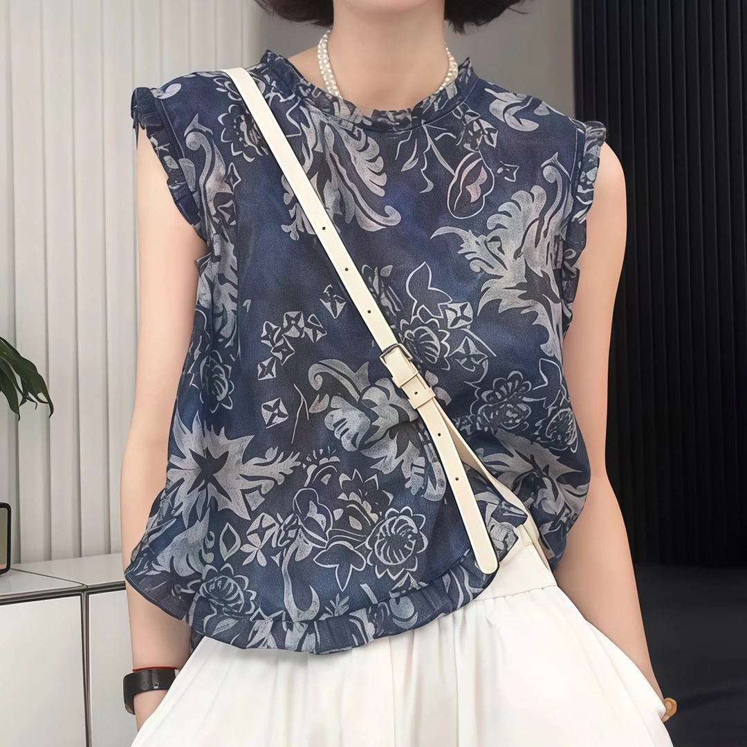 2025夏季新款圆领木耳边拼接坎肩无袖背心花色衬衫百搭时尚上衣女