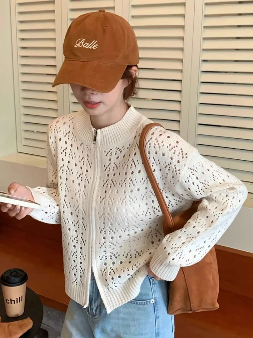 女2025早秋季新款慵懒风短款毛衣开衫上衣白色镂空双拉链针织外套