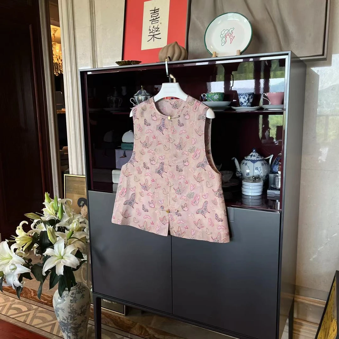 MYL 2024夏季新品桑蚕丝花萝彩蝶纷飞马甲单排扣中式蝴蝶上衣