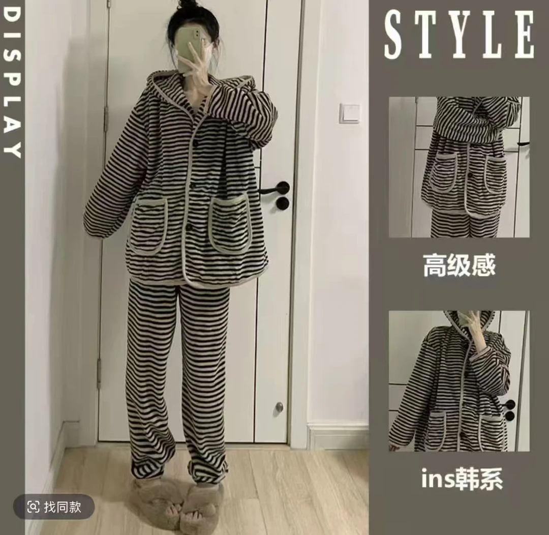 珊瑚绒睡衣女冬季简约条纹甜美连帽少女休闲家居服套装