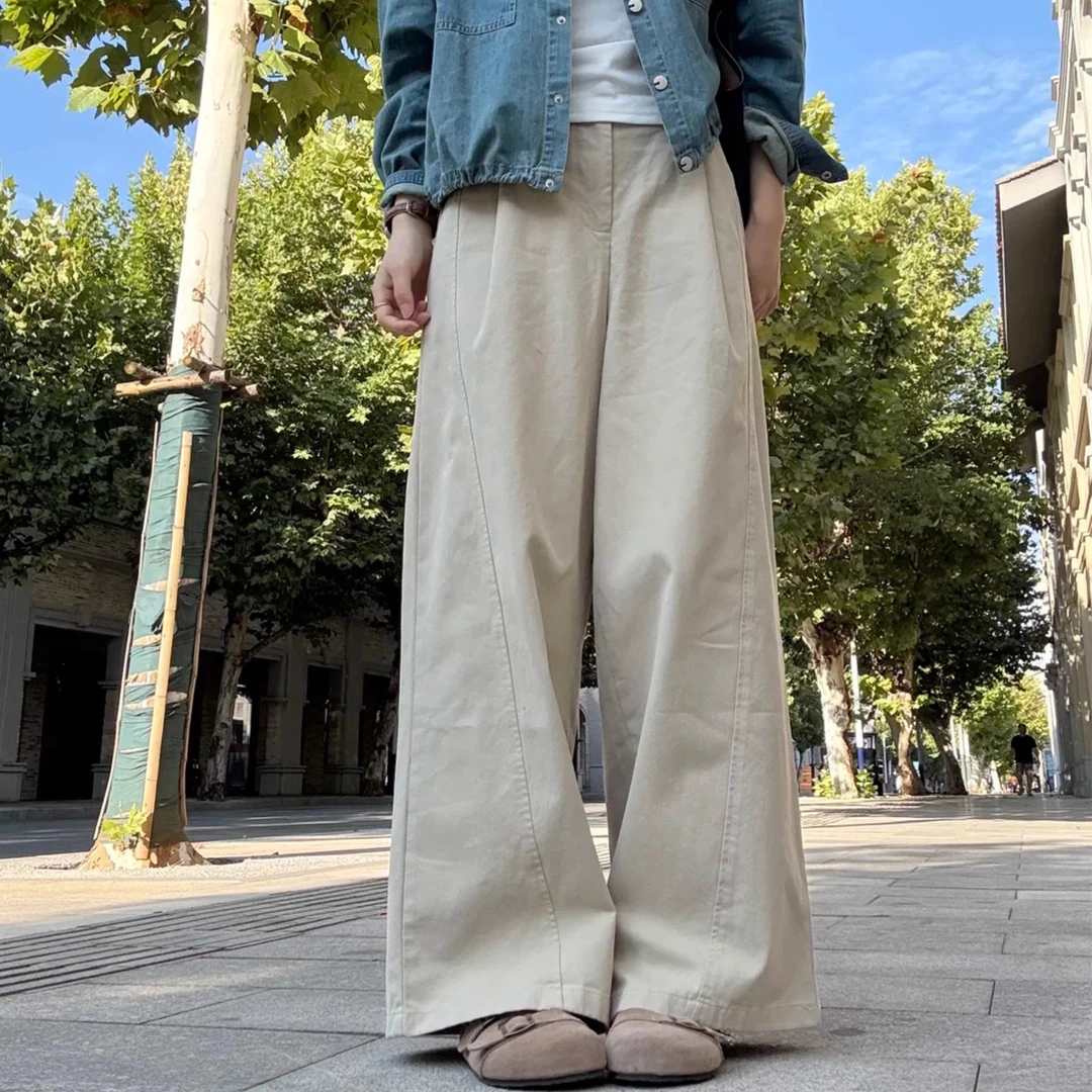 日系慵懒松弛感浅卡其色工装裤女新款胖mm宽松显瘦直筒阔腿休闲裤