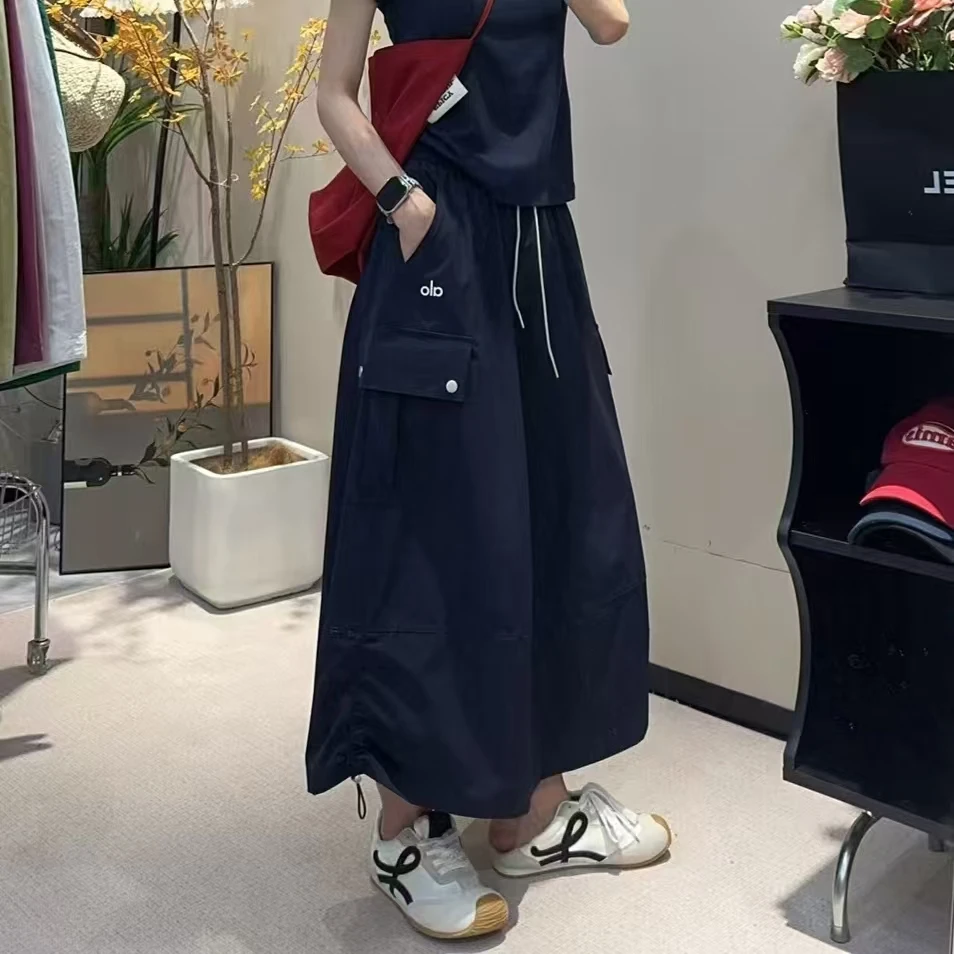 四季青下摆抽绳工装半身裙女2025夏季新款高腰宽松骑行口袋长裙潮