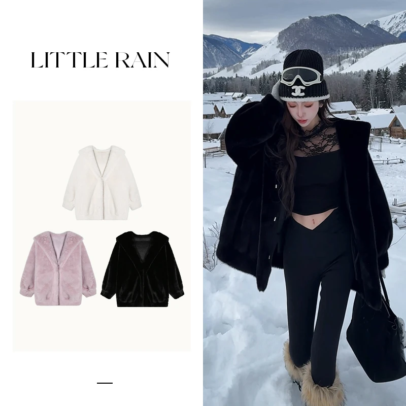 小雨姐姐新款【黛黎黑绒】慵懒风软糯宽松连帽加厚保暖毛毛外套女