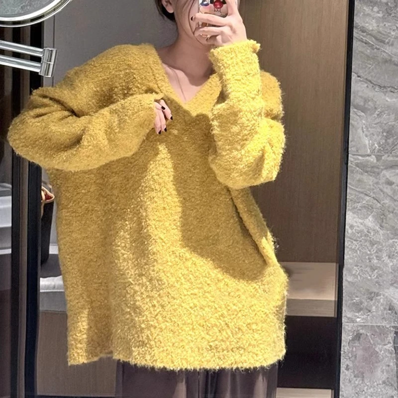 羊毛软糯圈圈纱宽松V领毛衣外套女慵懒风时尚百搭保暖套头针织衫