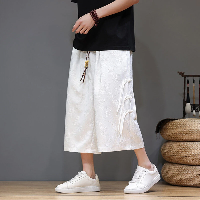 直筒阔腿裤男夏季薄款中国风暗纹提花七分裤宽松新中式冰丝短裤子