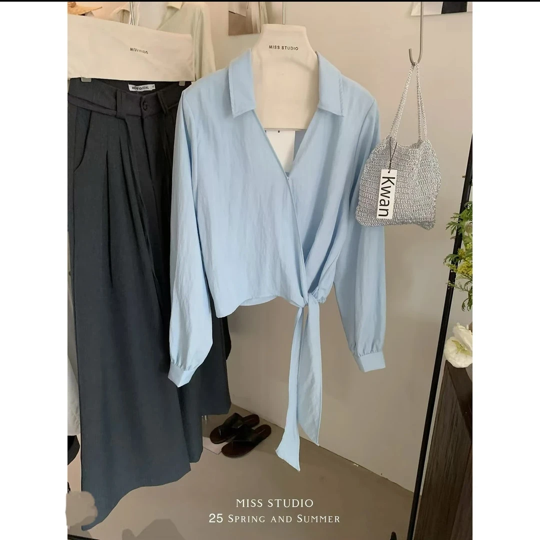 @9983【恶作剧】两件套 春夏新款翻领长袖蕾丝吊带时尚两件套衬衫