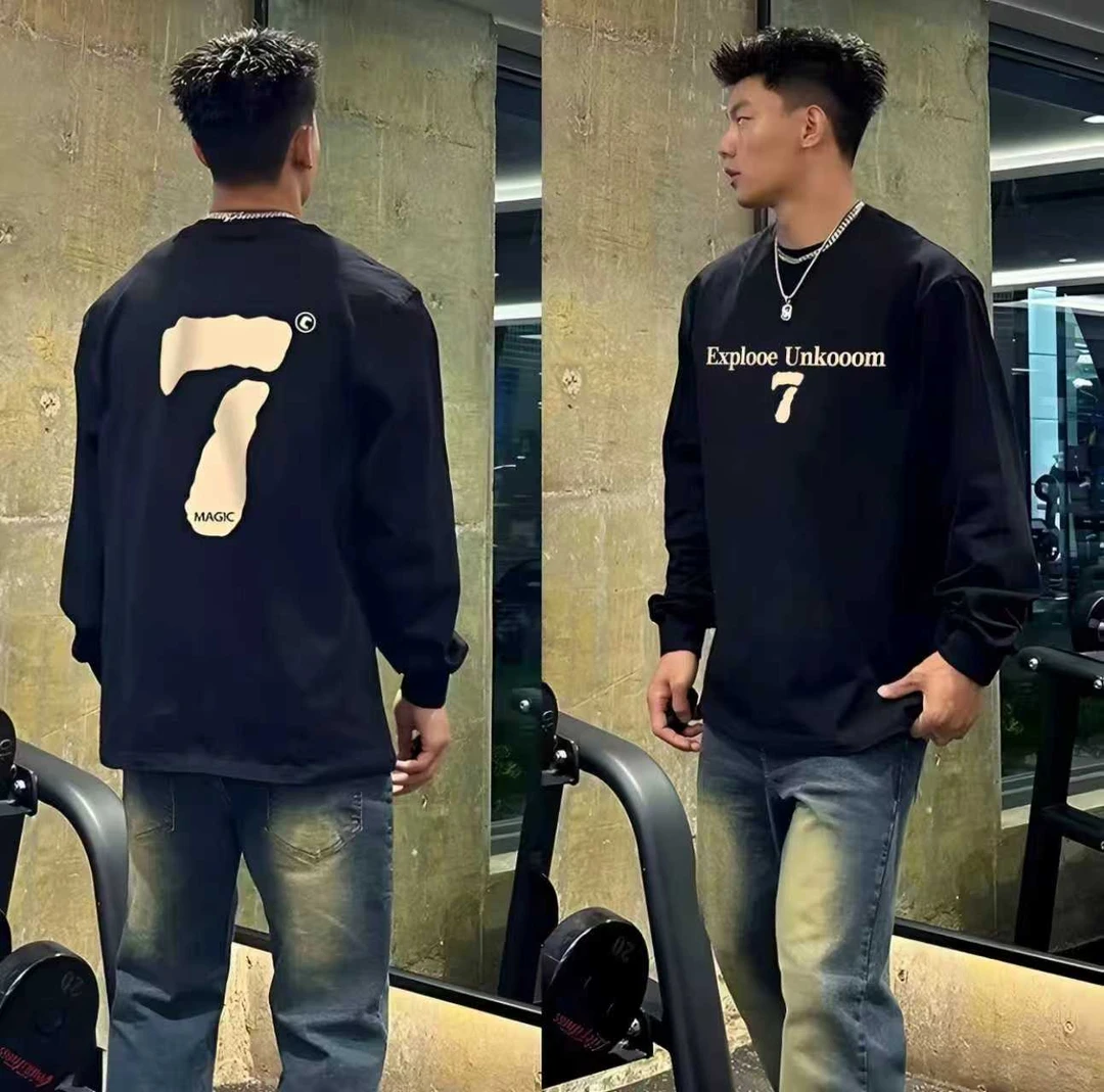 210-280g纯棉设计感秋冬长袖t恤美式潮牌休闲印花圆领高级感男装