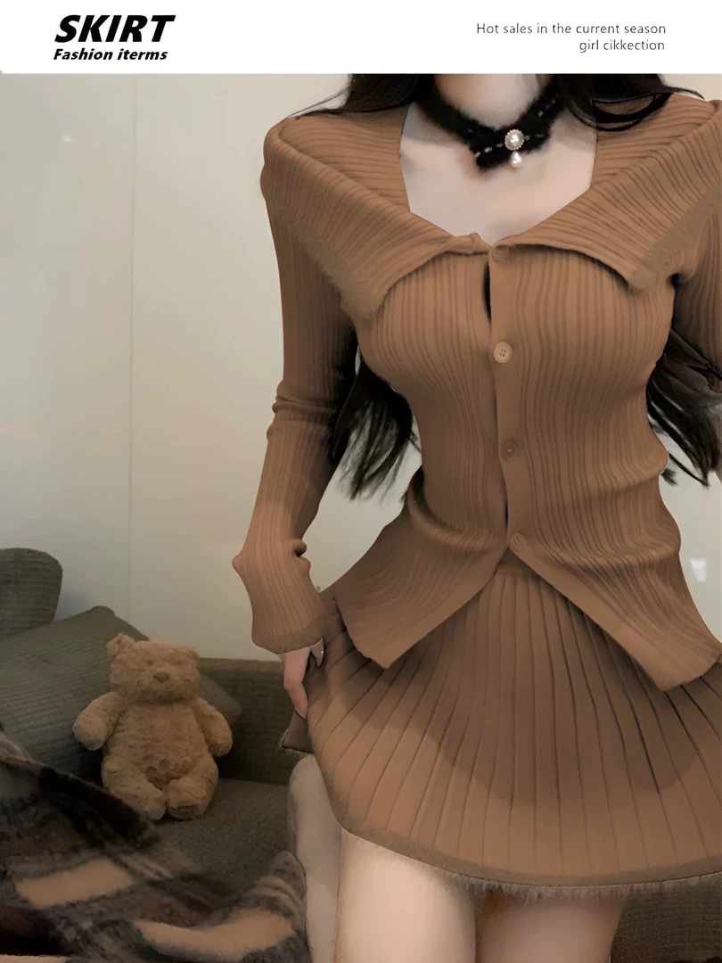 FunnJ方几◆受宠嗲嗲少女慵懒风毛衣套装女高腰百褶半身裙两件套