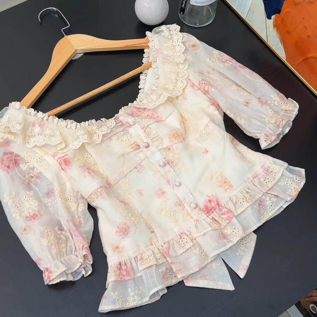 心动桃乐丝/夏日绝美法式粉色碎花小上衣女泡泡袖漂亮新款夏季