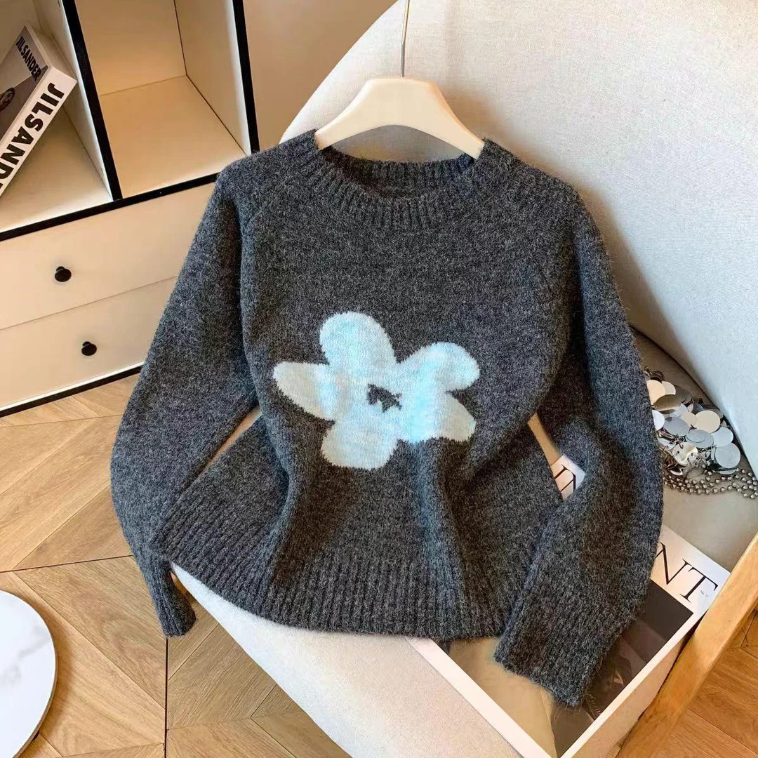 大码宽松针织提花法式薄款女花朵毛针织衫网红休闲套头复古设计感