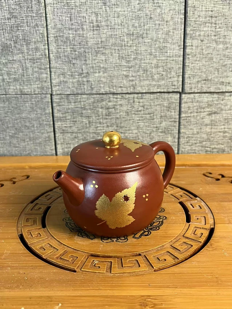 精品纯手工朱泥描金枫叶汉瓦紫砂茶壶
