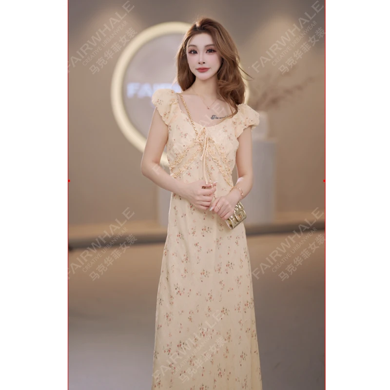 马克华菲女装夏季2025法式温柔碎花小飞袖连衣裙显瘦气质复古优雅