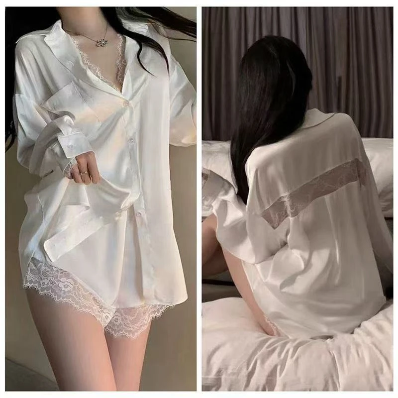 睡衣女春夏季性感白色衬衫短裤缎面仿冰丝蕾丝花边纯欲家居服套装