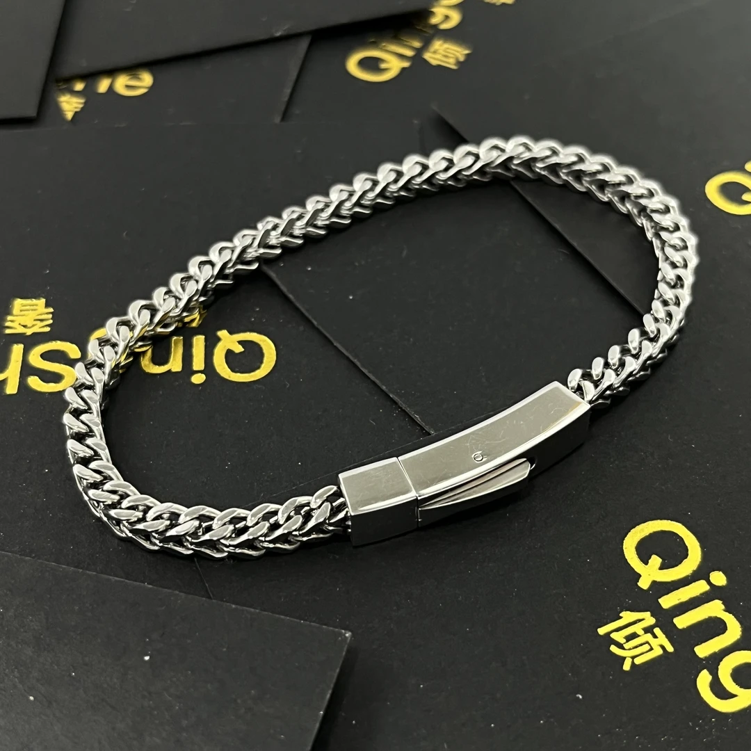 钛钢手链 方条蛇骨古巴手链高碳钛钢轻奢气质时尚手工编织重工