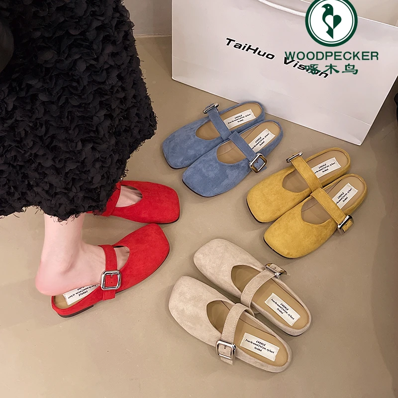 啄木鸟软底绒面浅口包头半拖女春秋新款温柔仙女风休闲平底单鞋子
