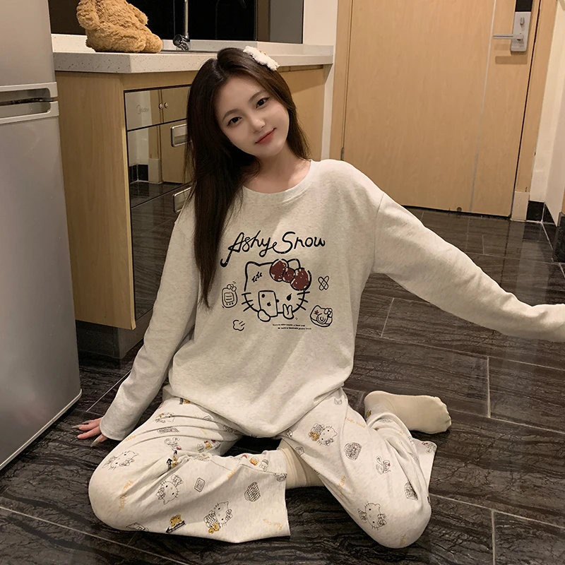 纯棉睡衣女秋冬季新款长袖俩件套可爱卡通印花KY猫休闲宿舍家居服