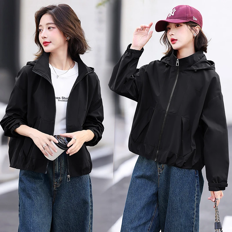 现货秋装新款短款风衣连帽时尚宽松休闲韩版显瘦气质女上衣外套