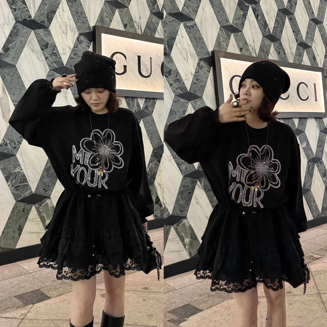 YDFSTUDIO小众【闪耀女人】欧货烫钻抽绳蕾丝拼接设计时尚卫衣裙