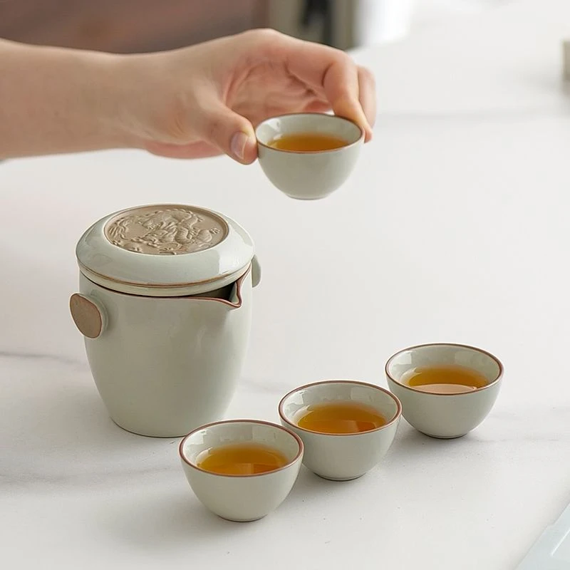 高档汝窑旅行茶具套装一人饮户外茶壶茶杯便携式功夫泡茶具快客杯