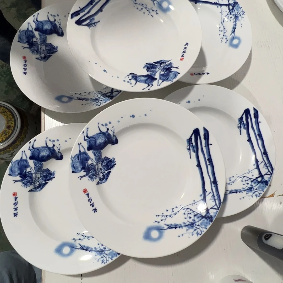 瓷片景德镇陶瓷青花放牧9寸菜盘6只