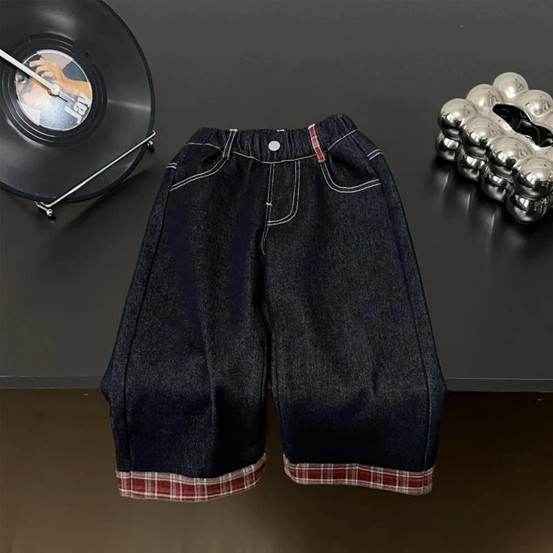 新品2025春秋季儿童男女童百搭潮流休闲时尚红格翻边牛仔长裤潮