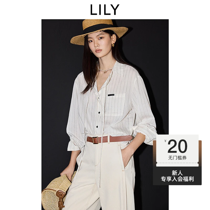 LILY2025春新款老钱风法式飘带领条纹休闲通勤白衬衫125139C4921