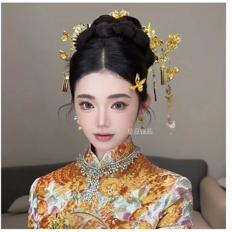 合金婚庆饰品中式新娘头饰金色流苏响铃秀禾发饰1015Y