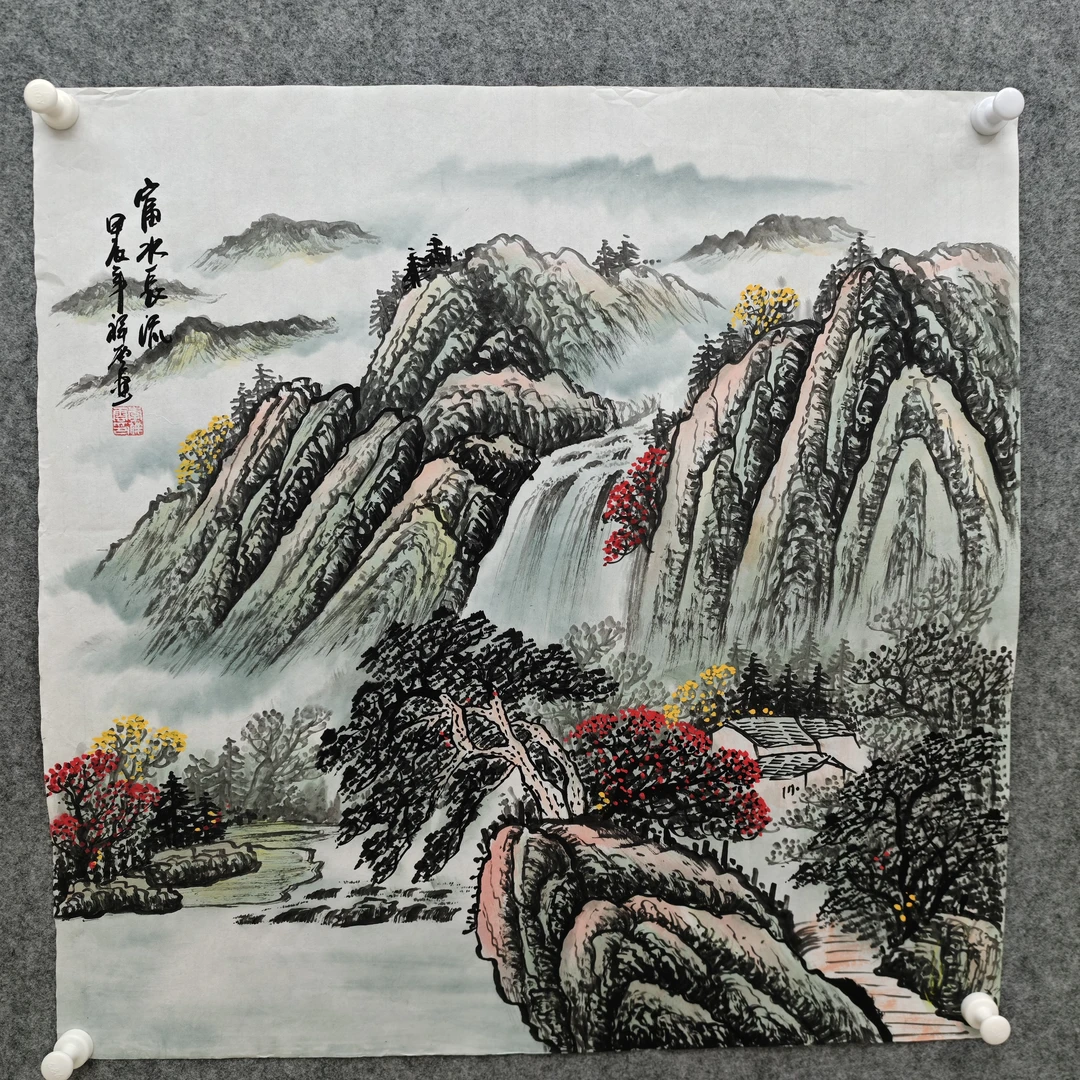 国画手绘四尺斗方青绿山水画尺寸68-68厘米