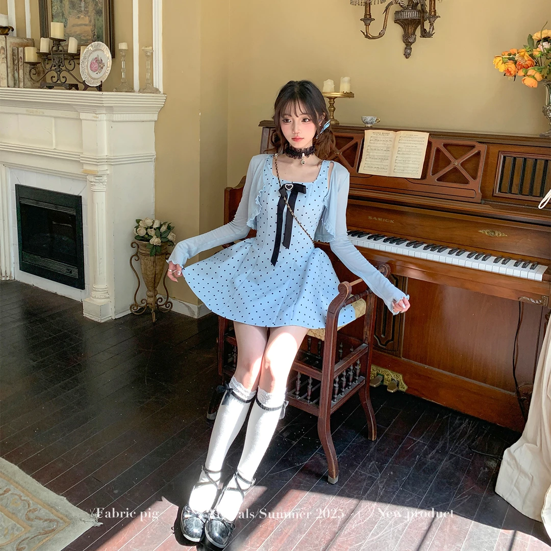 心动夏日 织物猪原创 miu系蓝色波点连衣裙高级感开衫蓬蓬连衣裙