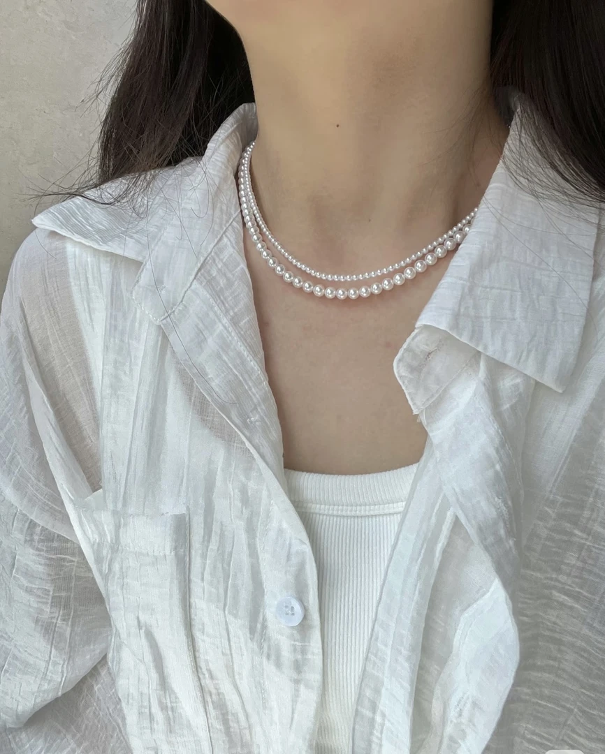 3-5mm baby米珠极光炫彩正圆无暇锁骨项链  40+5cm延长链镀18K金