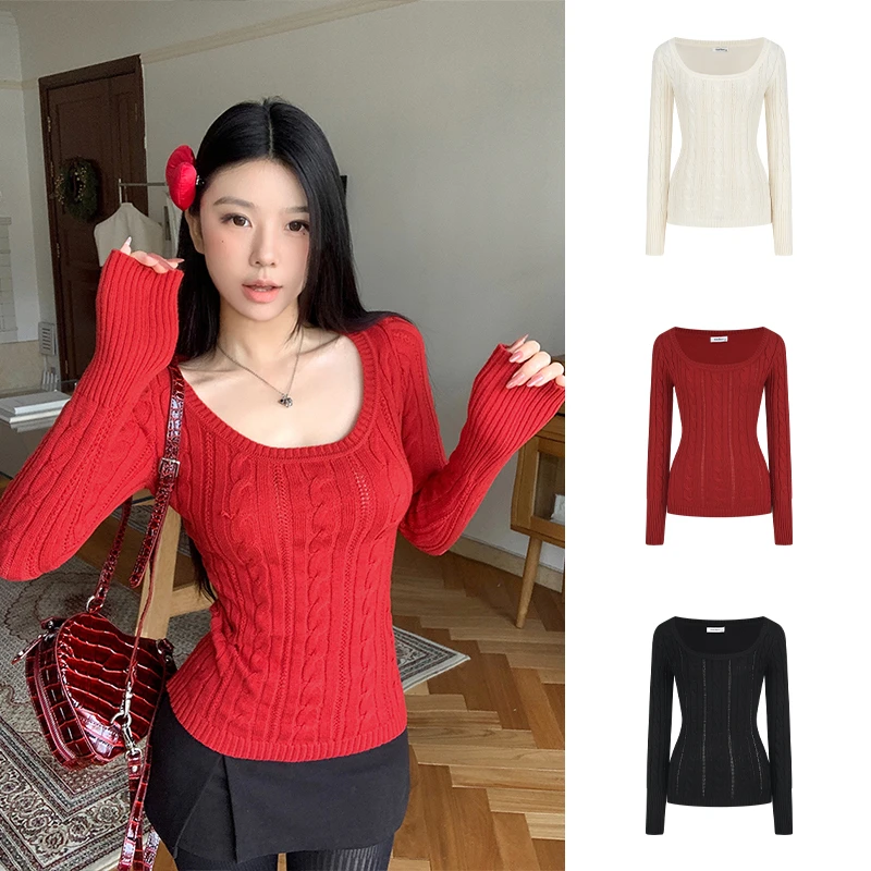 Moses Queen/魔西女王高级感圣诞红U领气质感修身显瘦针织打底衫