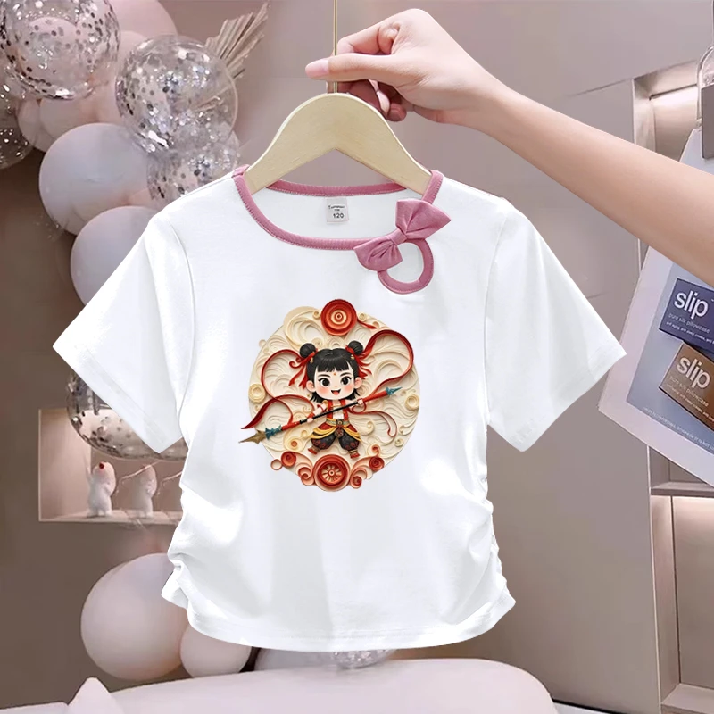 【纯棉】百搭时尚T恤夏季洋气新款韩版童装女童印花褶皱短袖上衣