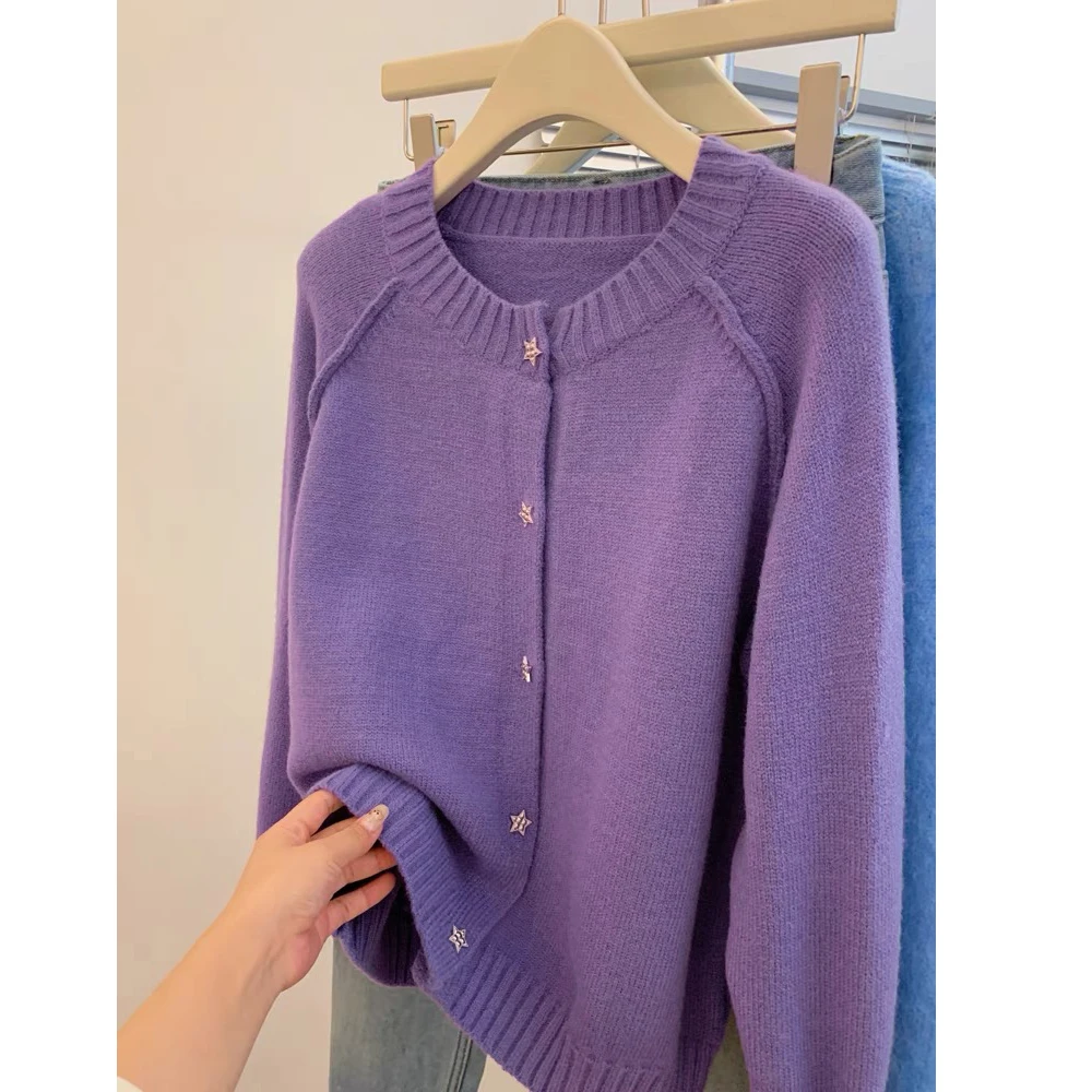 【葡萄紫】春秋时尚休闲宽松圆领长袖针织衫纯色女士开衫外套-9975