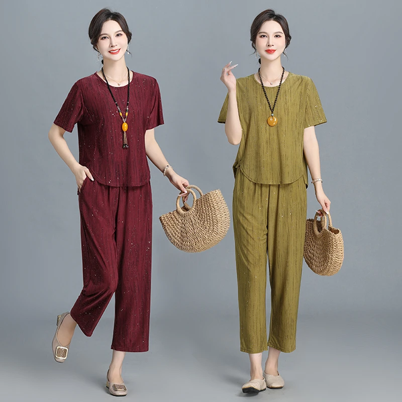 妈妈装夏季新款套装时尚洋气中老年女装上衣加裤子气质大码女装