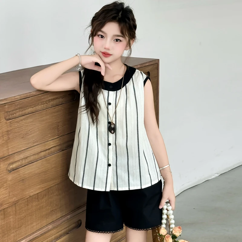 女童套装夏季2025新款中大童洋气时尚休闲无袖条纹儿童短裤两件套