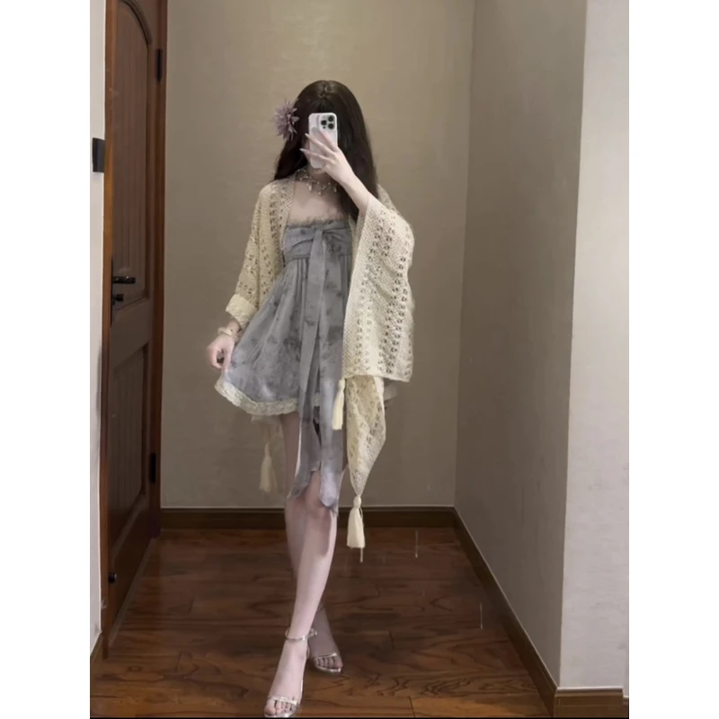 紫色鸢尾 古着紫色碎花蕾丝度假吊带裙Lo