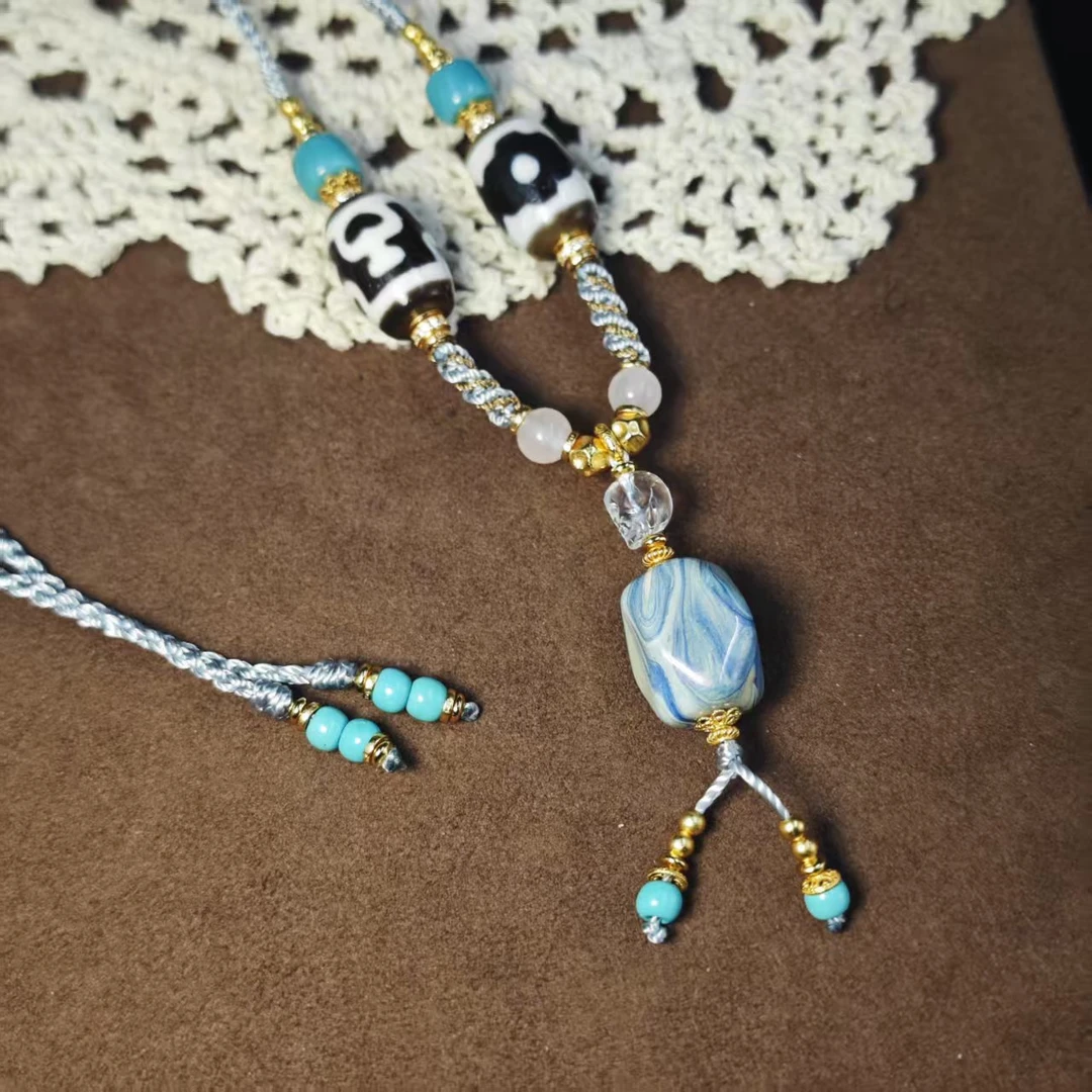 【鲸禧云珠】非遗大漆蓝色系八棱项链 一幅云蓝一叶舟 A212