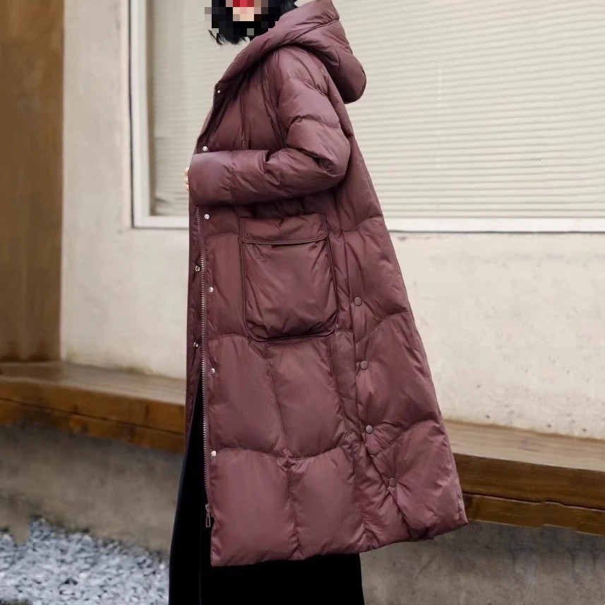 跨境现货90白鸭绒过膝长款羽绒服女2025冬季新款加厚简约休闲连帽