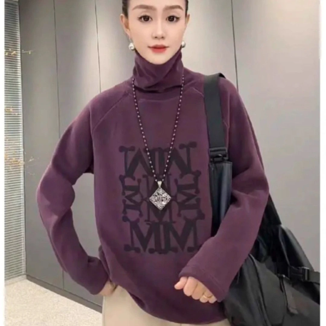 2025秋冬新款时尚印花字母长袖双面绒卫衣休闲百搭保暖高领上衣女