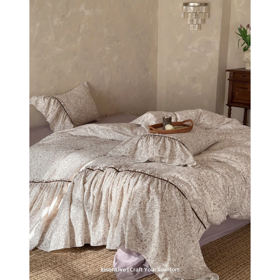 诗意 少女全棉皱皱双层纱四件套纯棉纱布木耳花边被套床单法式