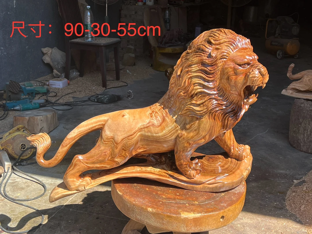 香樟木实木雕刻狮子工艺品落地摆件