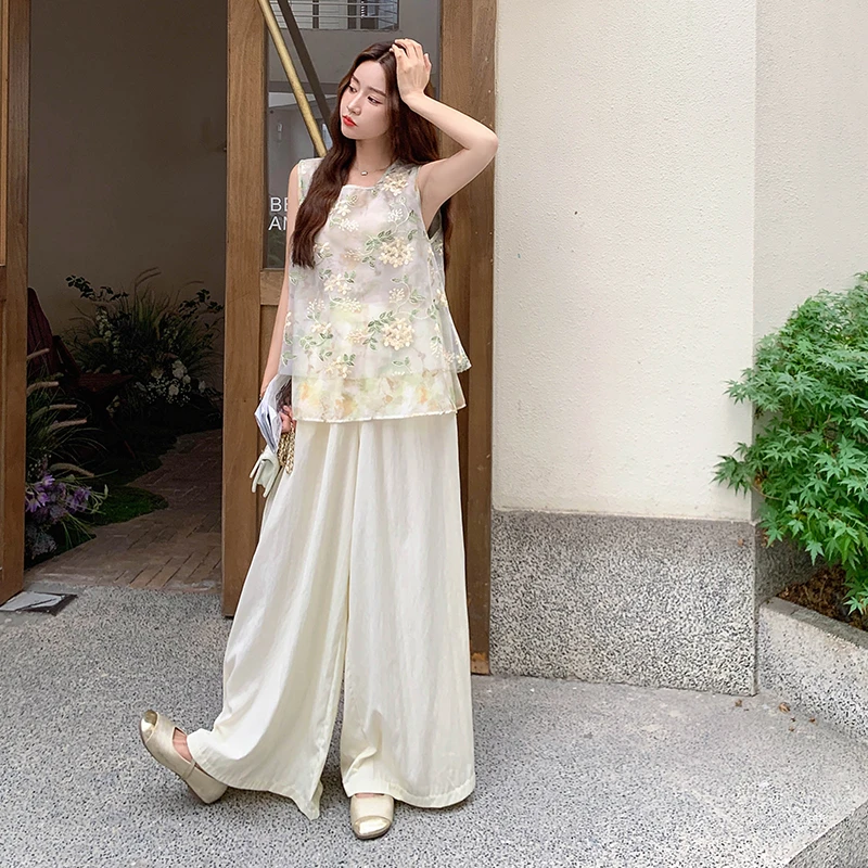 新中式禅意风刺绣碎花背心上衣高腰阔腿休闲裤套装女2025夏季新款