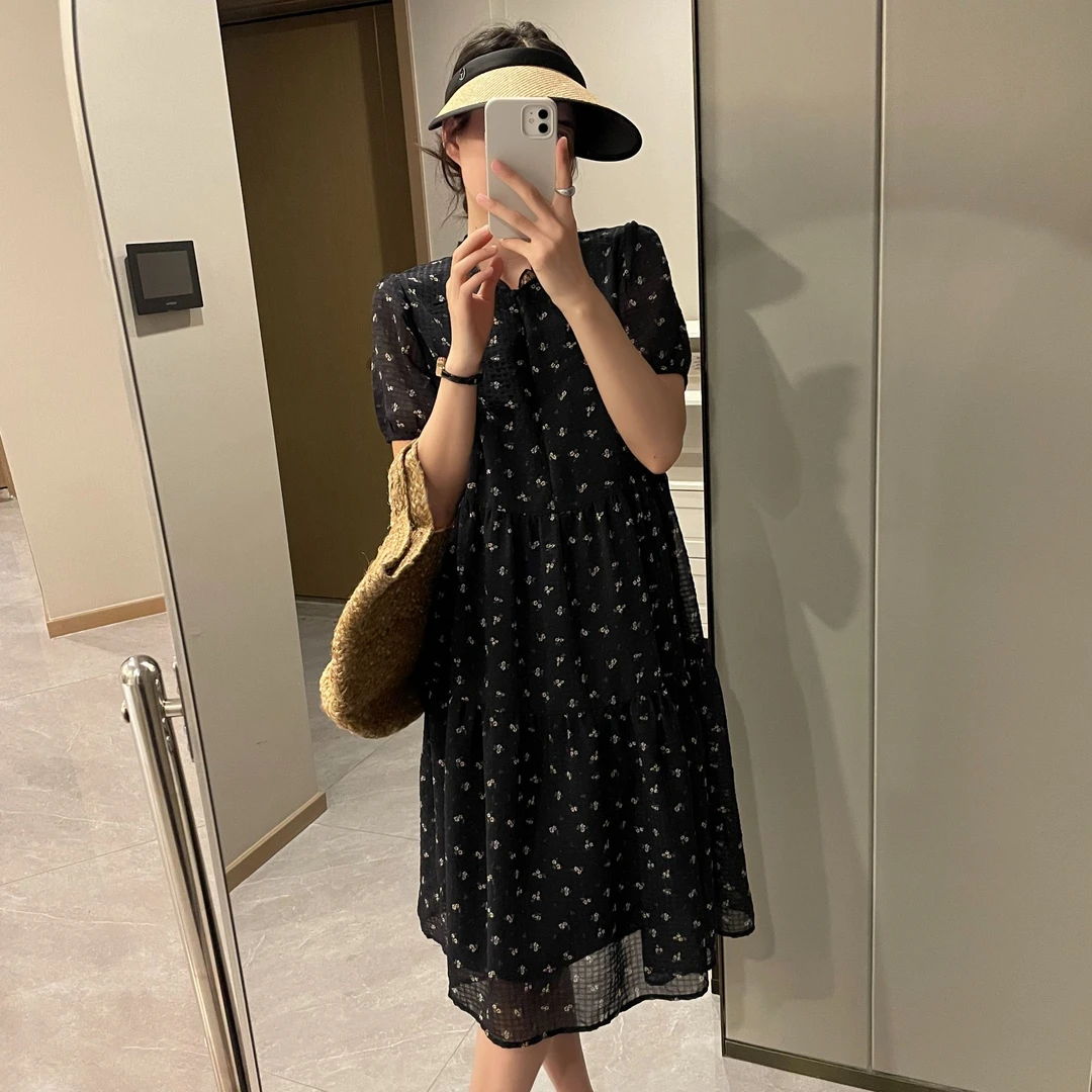 「月影纱碎花 连衣裙」格纹皱 法式泡泡袖中长裙子夏季收腰系带S098