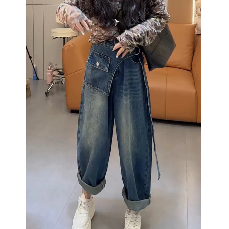 小个子牛仔裤女士2025年秋季新款爆款裤子时尚高腰蓝色阔腿裤宽松