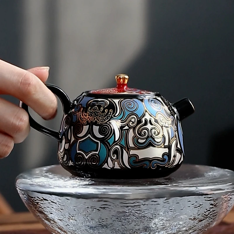 当代 欣欣茶具良瓷美品-珍藏 金银错工艺撞色饕餮茶壶