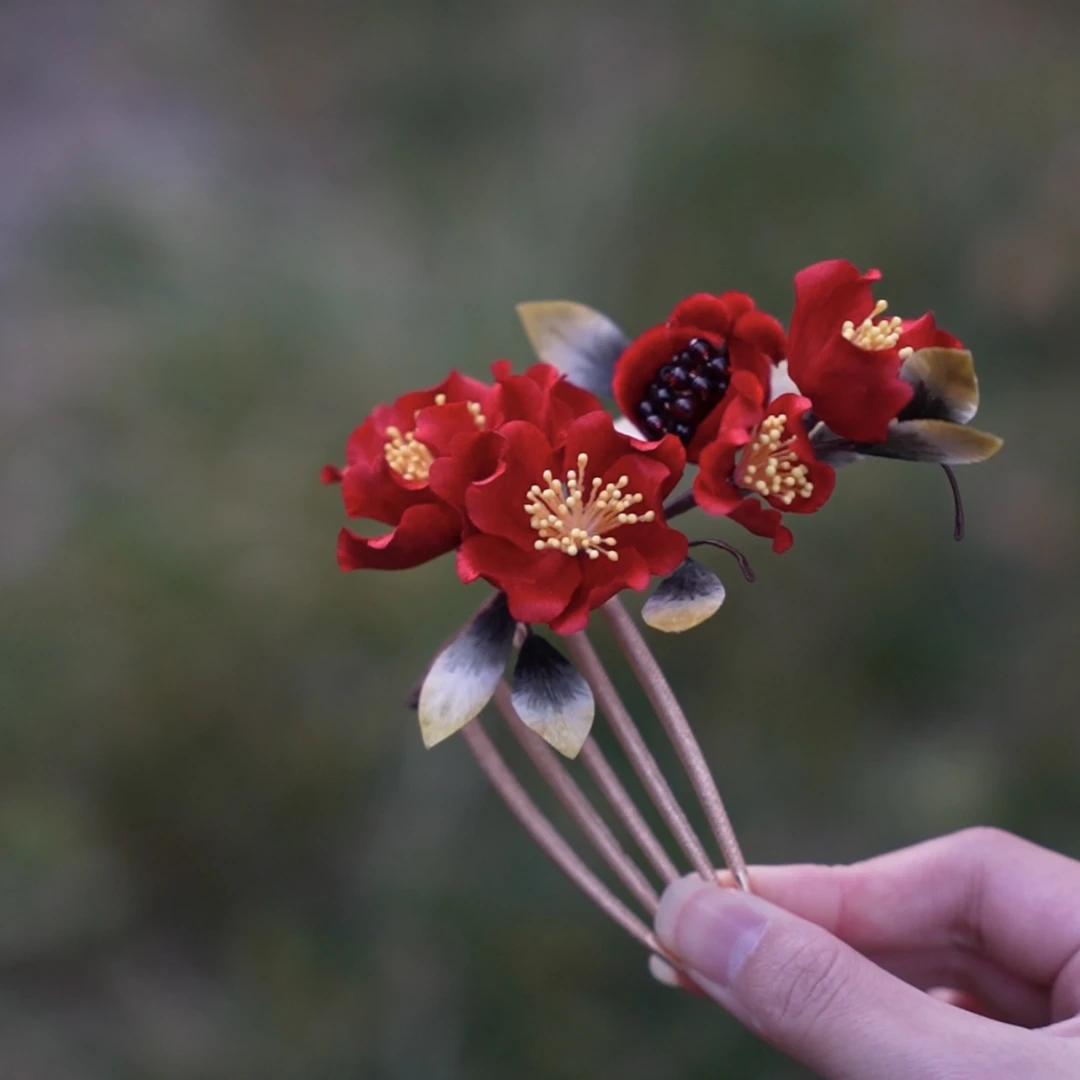 【石榴】新中式旗袍非遗蚕丝绒花鸭嘴夹发簪汉服饰品配饰