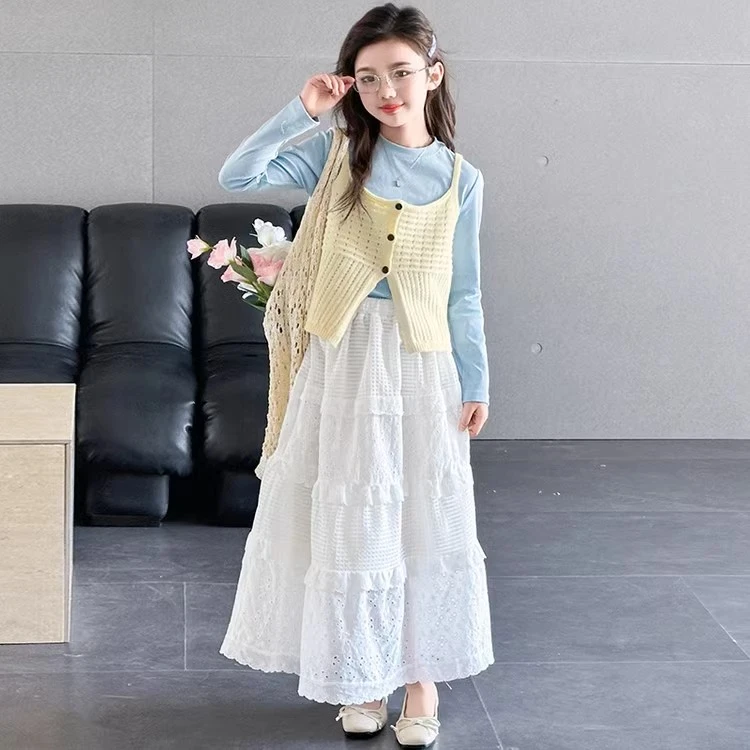 女童韩版套装裙2025新款儿童背心马甲T恤打底衫半身裙女孩三件套